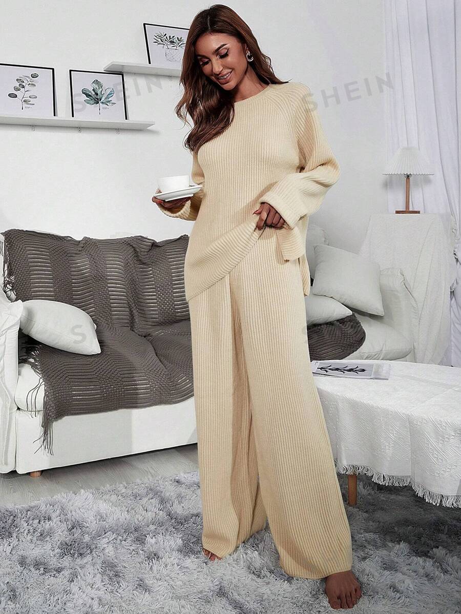 Mulvari Conjunto de 2 piezas: Suéter de manga raglán y pantalones anchos de punto
