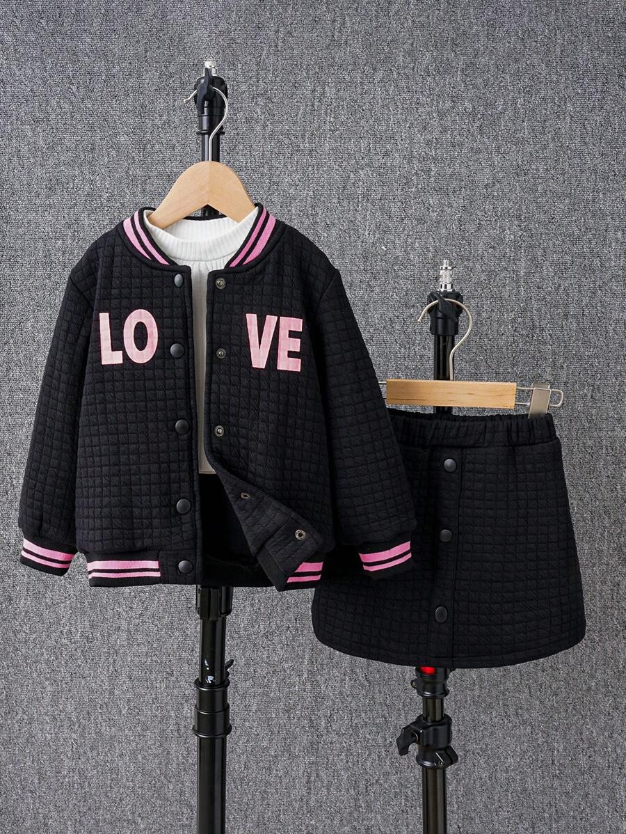 SHEIN Young Girl Letter Graphic Striped Trim Varsity Jacket & Skirt Without Tee