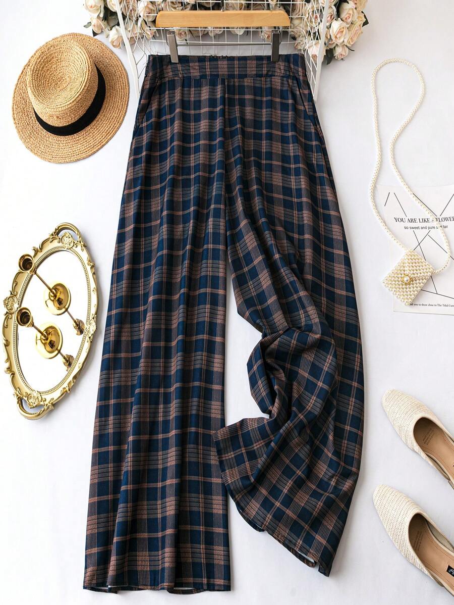 SHEIN LUNE Plus Plaid Print Wide Leg Pants Without Belt