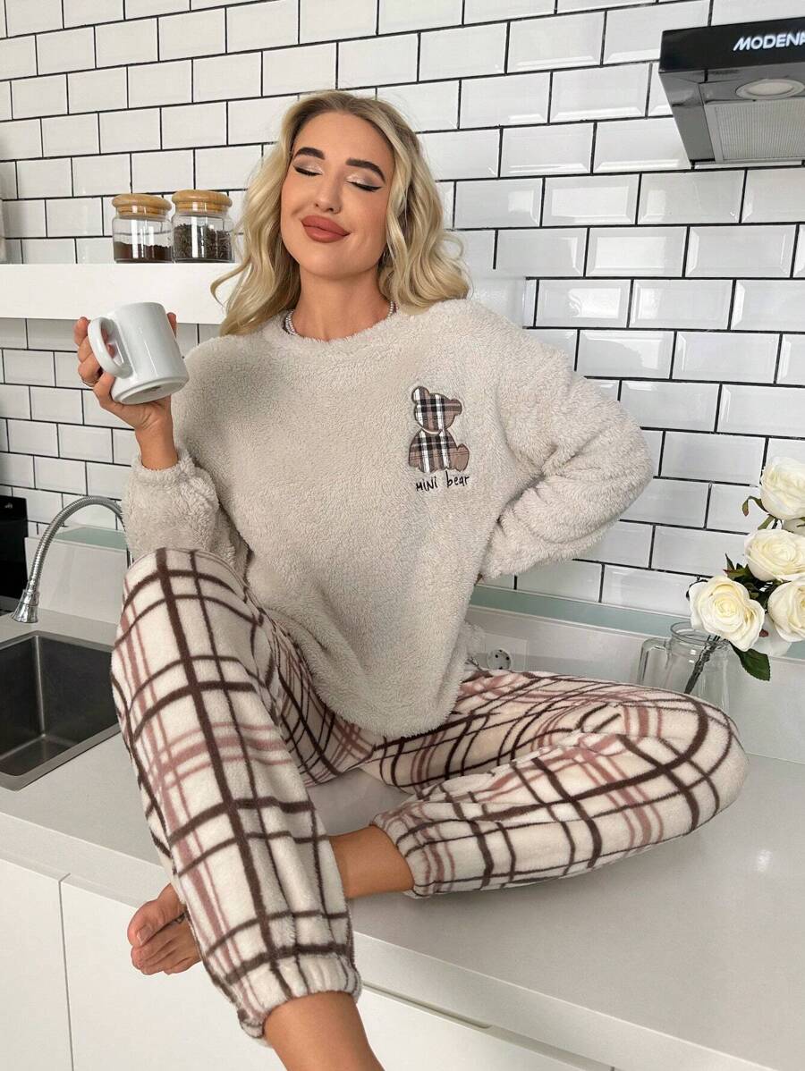Letter Cartoon Bear Embroidery Plaid Teddy Pajama Set
