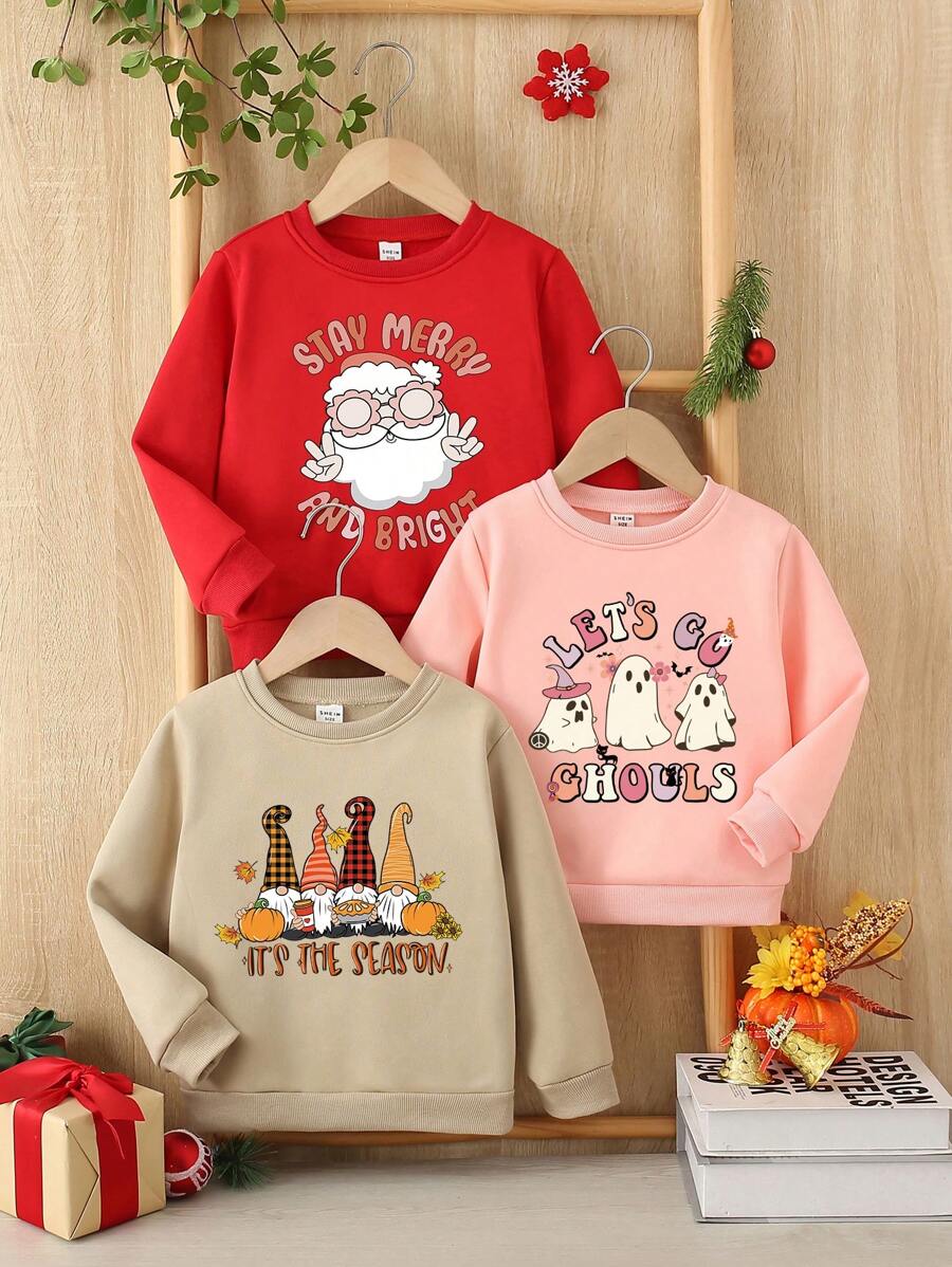SHEIN Young Girl 3pcs Fun & Cute Letter Cartoon Printed Round Neck Sweatshirt Set For Autumn And Winter