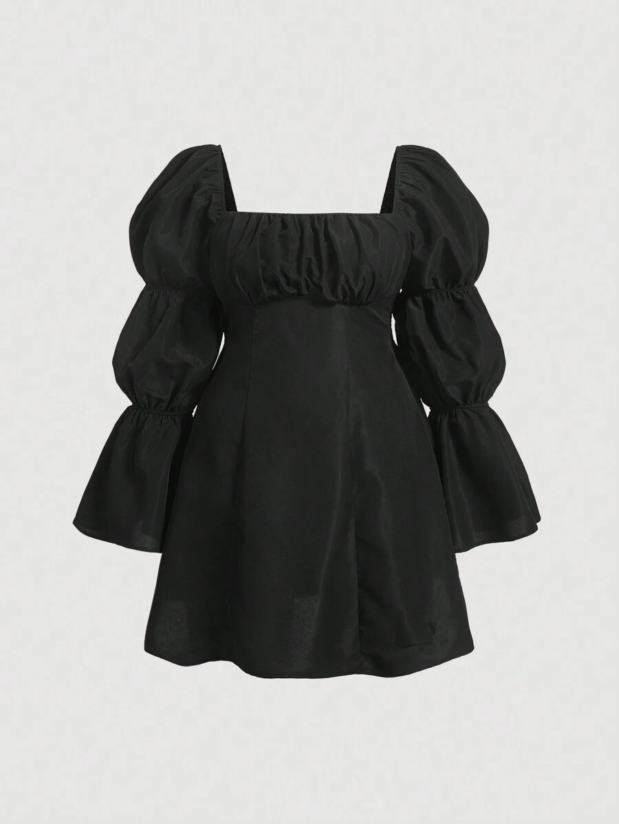 SHEIN MOD Plus Square Neck Flare Sleeve Ruched Bust Dress