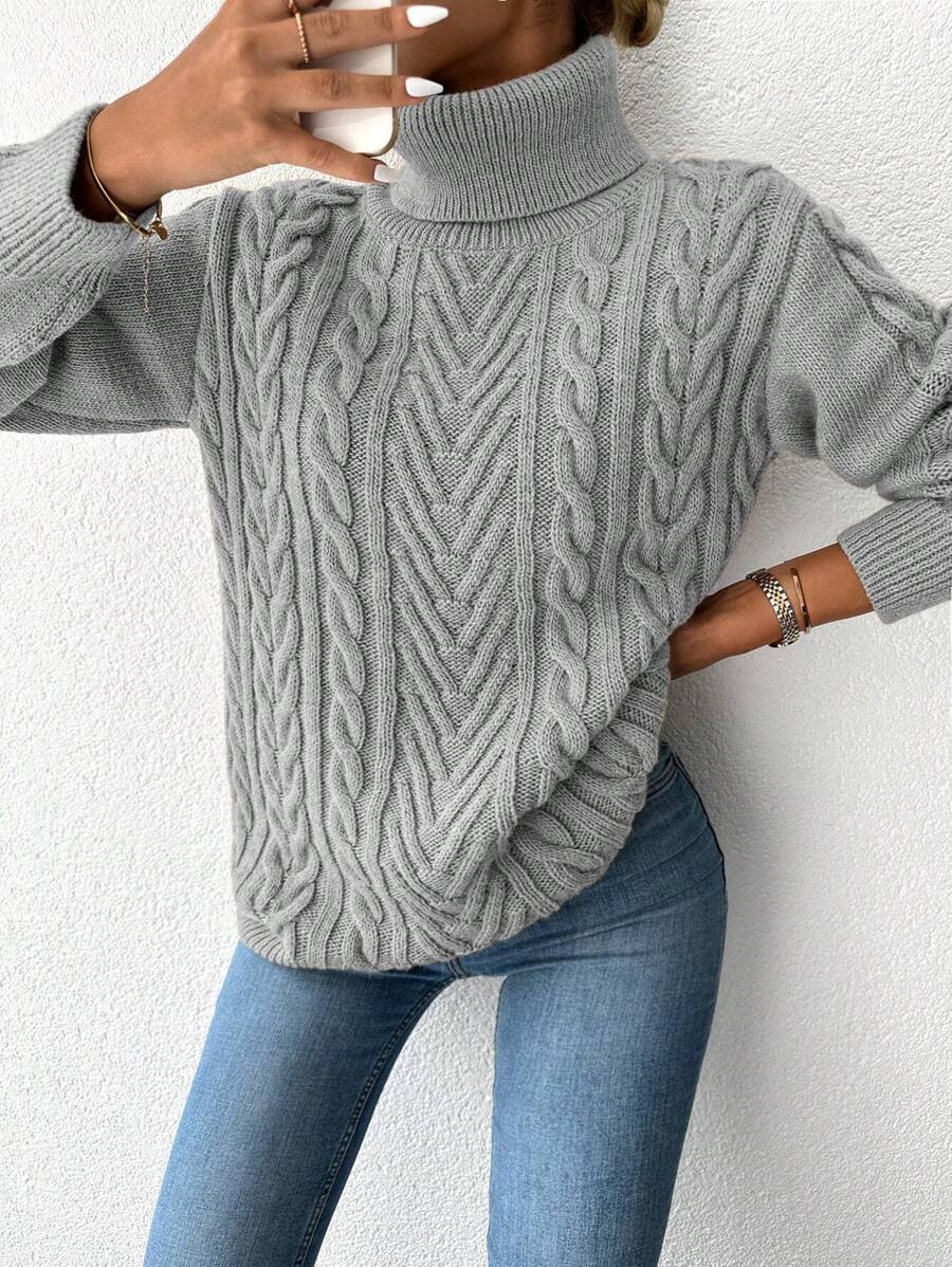 SHEIN Jersey cuello alto tejido de cable de hombros caídos