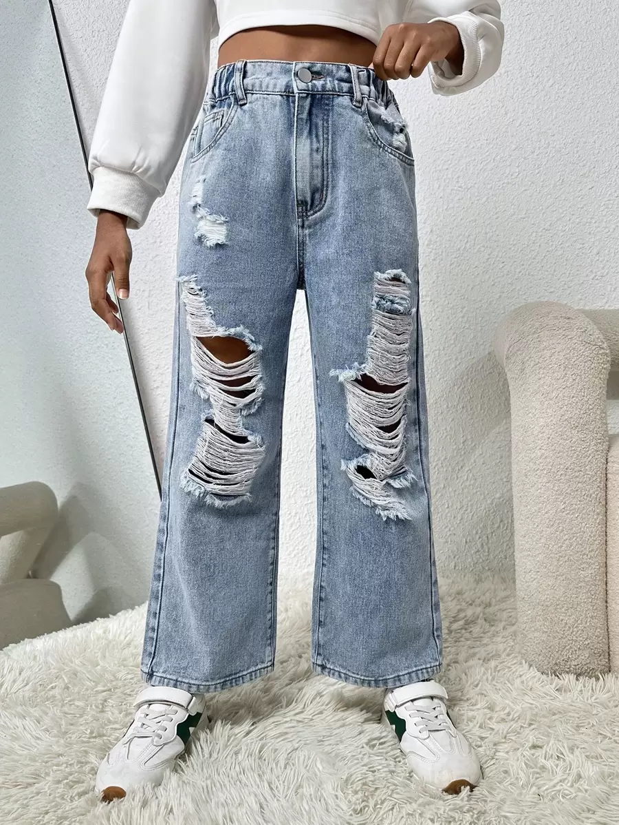 Tween Girl Ripped Wide Leg Jeans
