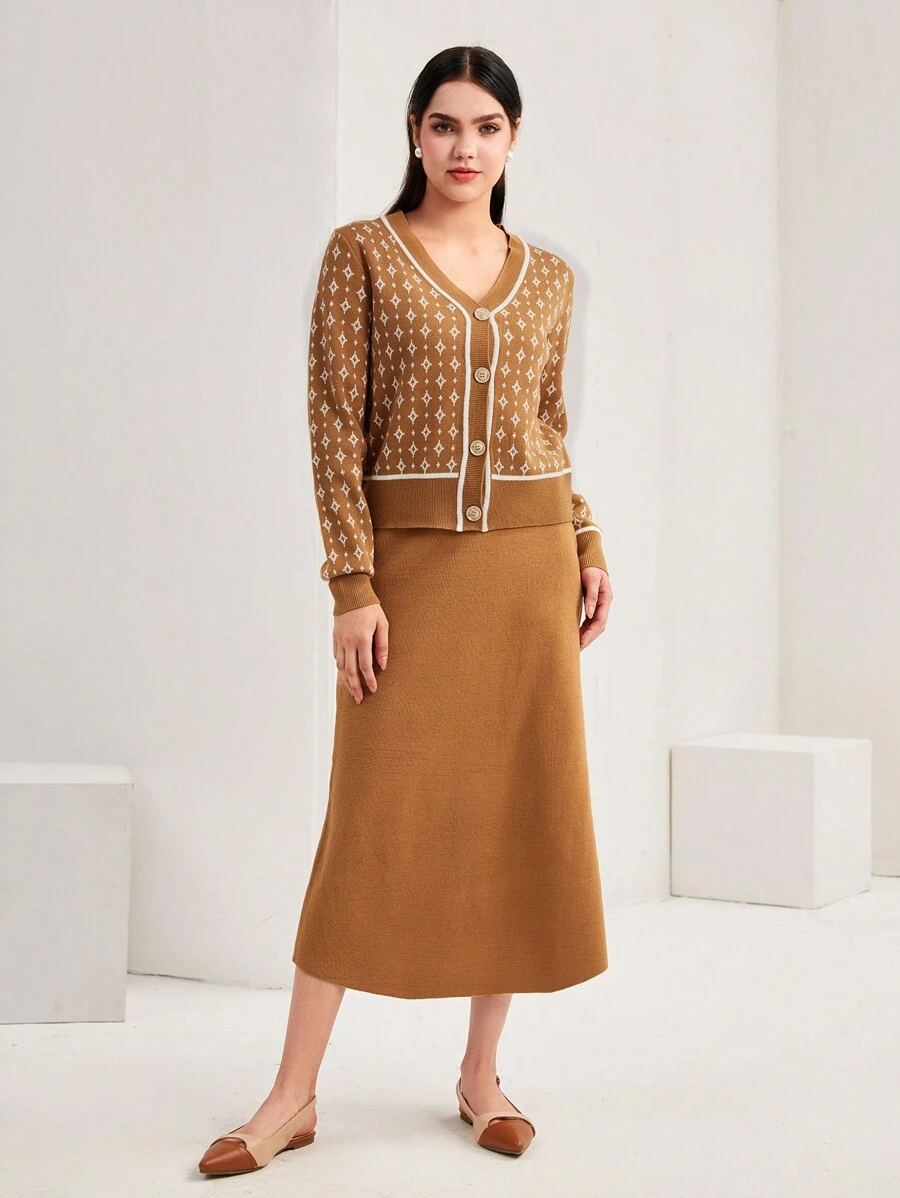 Mulvari Geo Pattern Button Front Cardigan & Knit Skirt