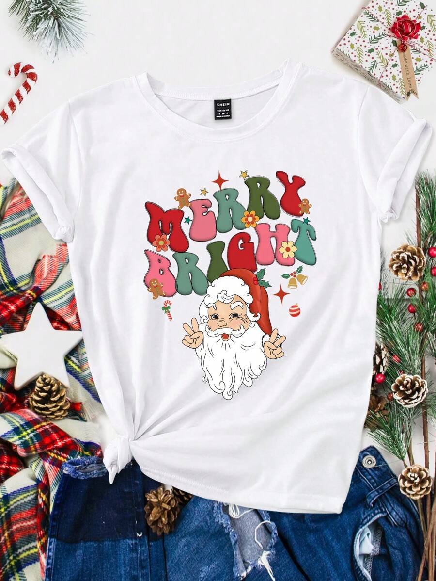Women's Fun Christmas Character & Letter Print Short Sleeve T-shirt With Christmas Theme For Family Matching Outfits (3 Pieces Are Sold Separately)