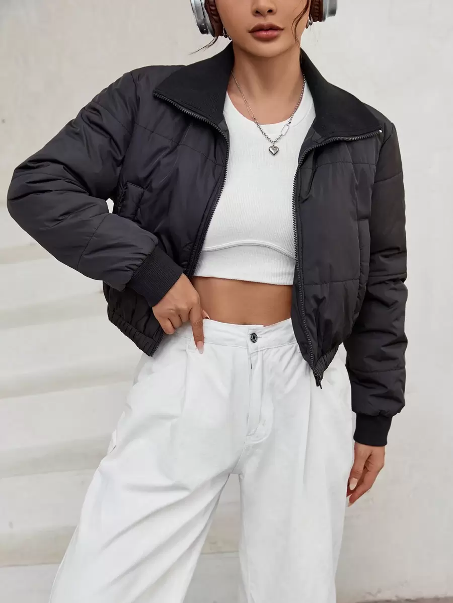 Flirla Zip Up Crop Padded Padded Coat For Winter Clothes