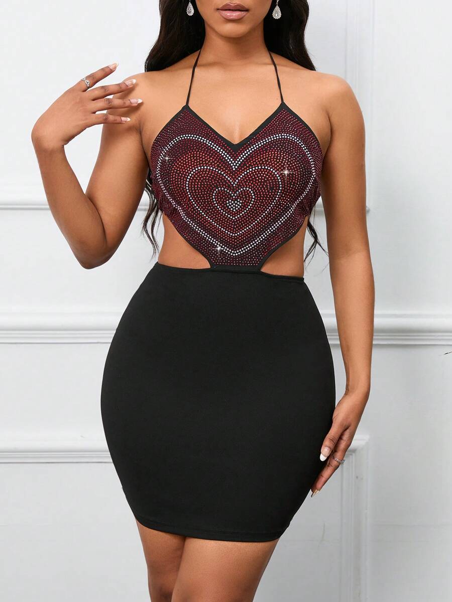 VaVaBold Rhinestone Heart Pattern Tie Backless Halter Neck Backless Dress
