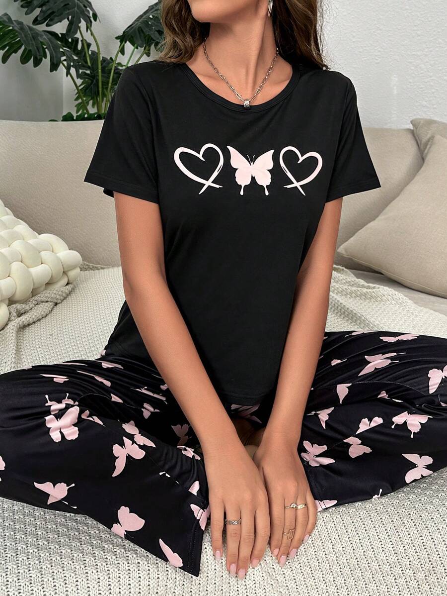 Conjunto de pijama con estampado de corazón y mariposa