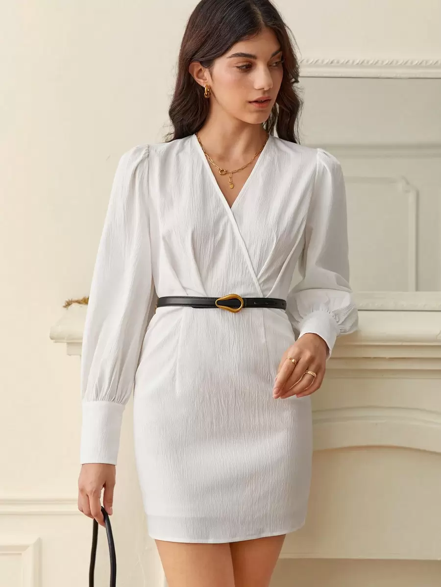 SHEIN Frenchy Surplice Neck Lantern Sleeve Dress Without Belt