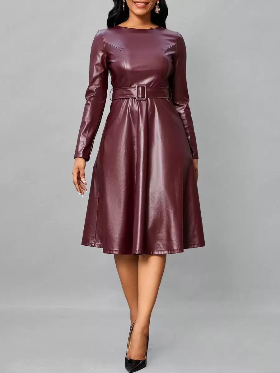 SHEIN Lady Women Spring Autumn Solid Color PU Leather Round Neck Long Sleeve Midi Elegant Office Dress