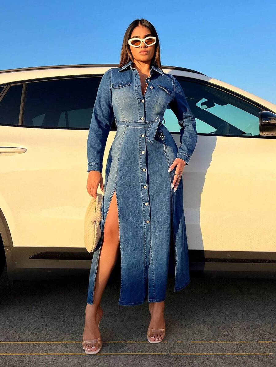 SHEIN SXY Robe En Jean Poche À Rabat Fendu Ceinturé