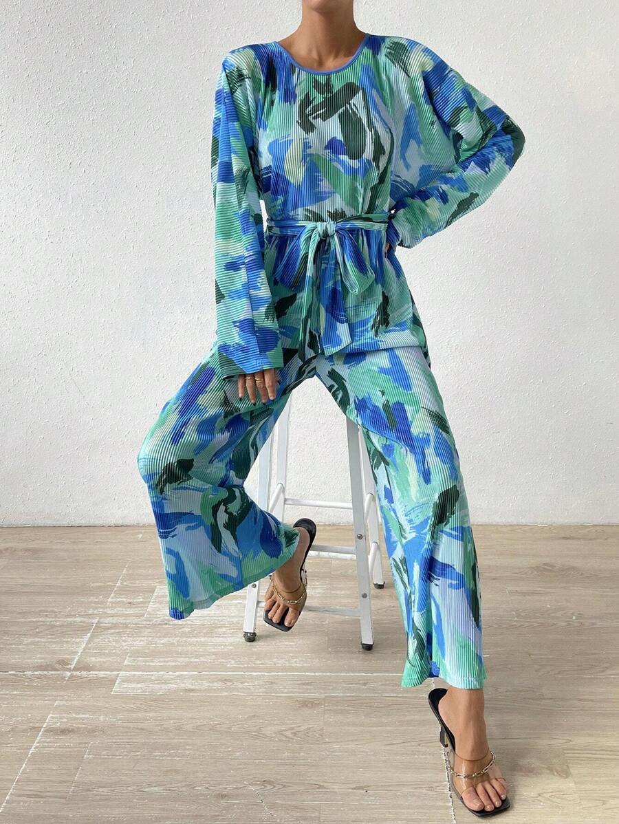 Breezaya Allover Print Belted Wide Leg Jumpsuit