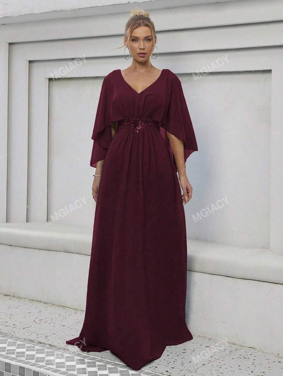 V-Neck Flare Sleeve Sequin & Embroidered Applique Party Dress