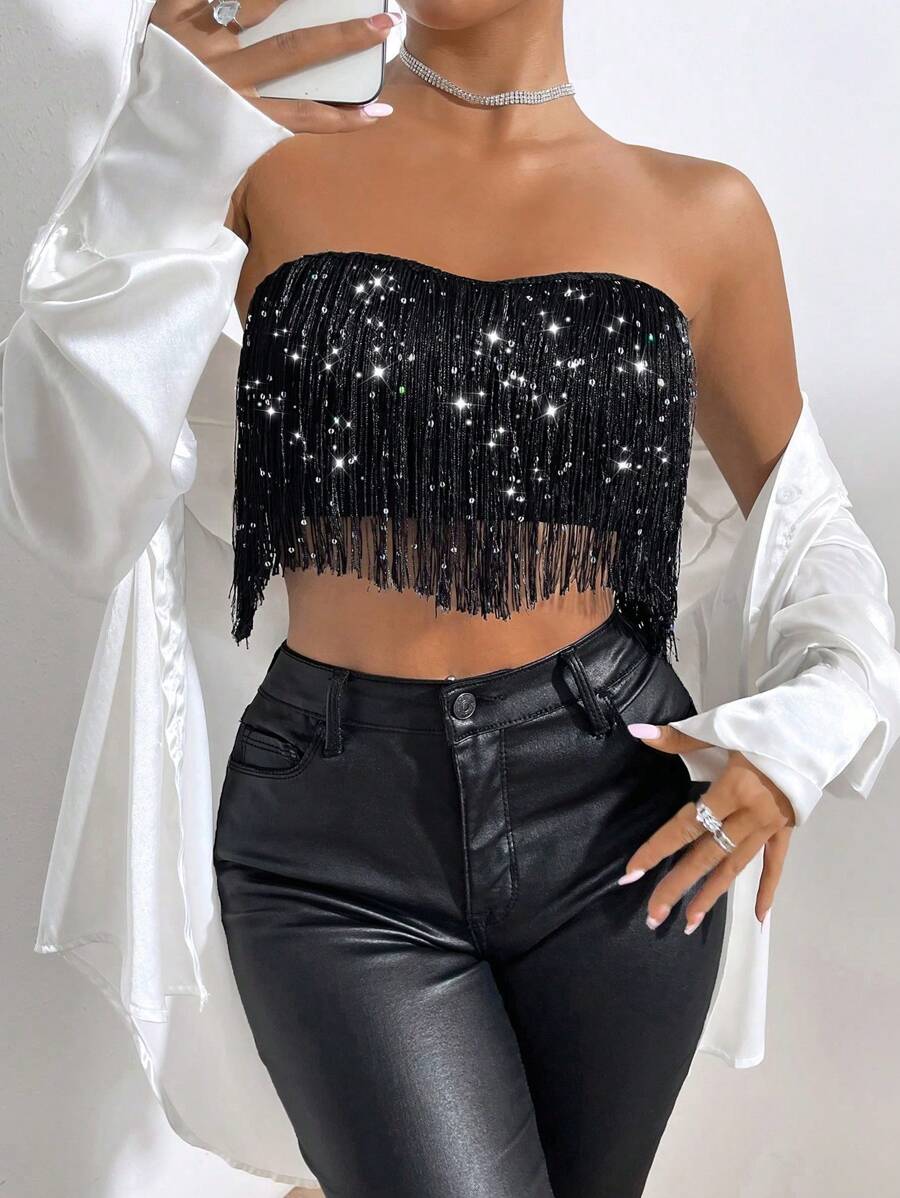 Allurite Fringe Trim Crop Tube Top For Holiday Party Clothes