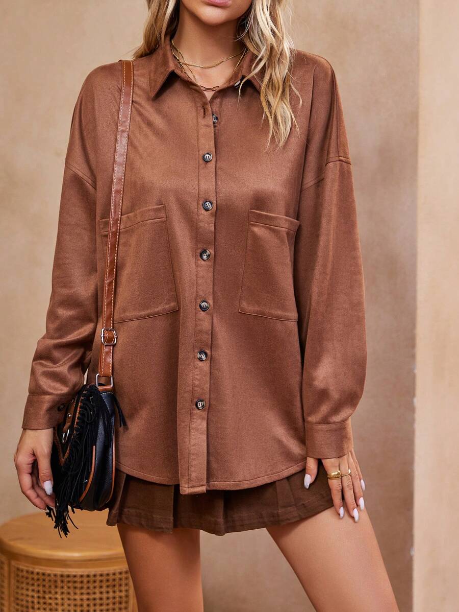 SHEIN LUNE Drop Shoulder Pocket Patched Suedette Coat
