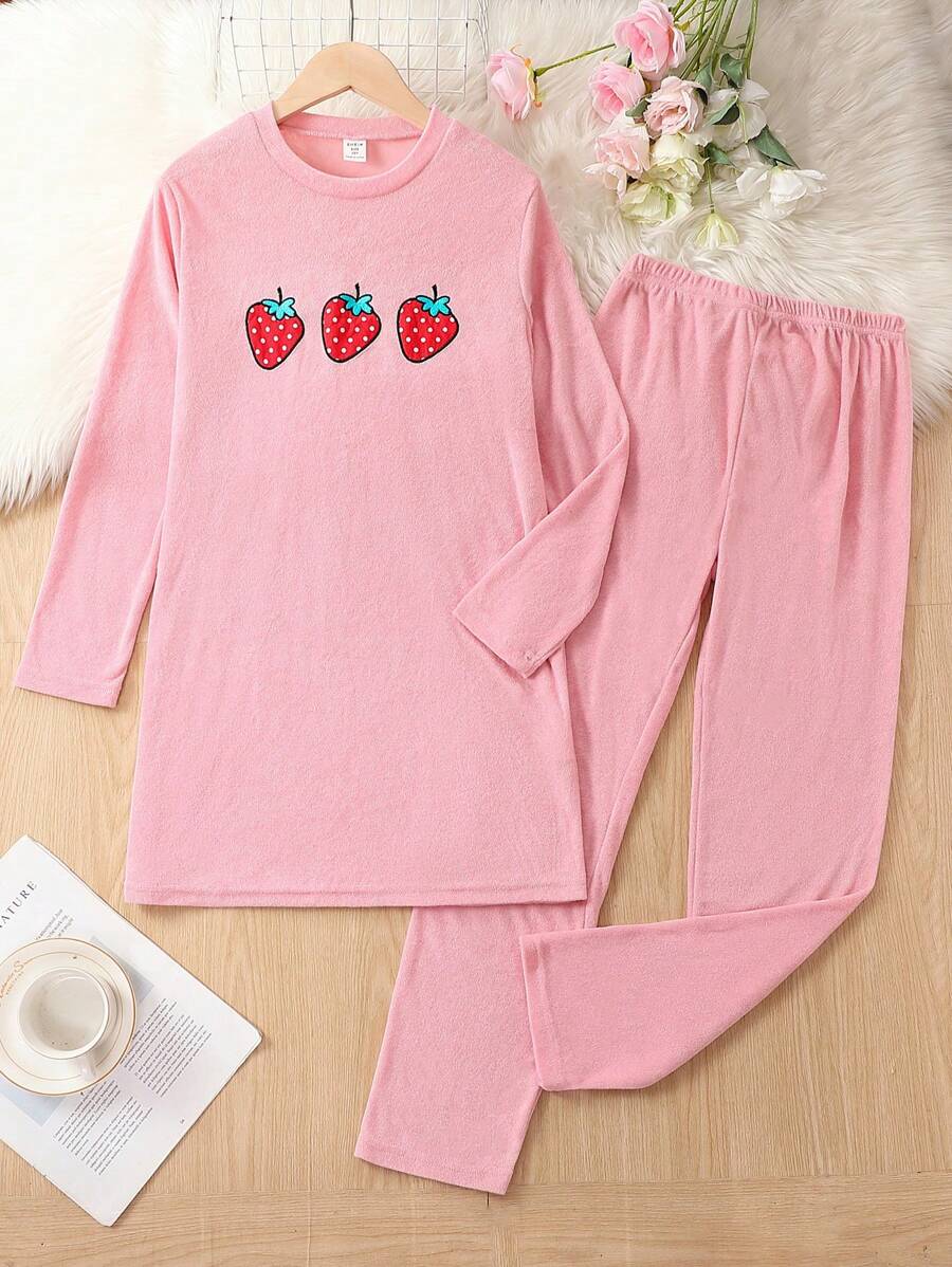 Tween Girl Embroidery Strawberry Pattern Tee & Pants PJ Set