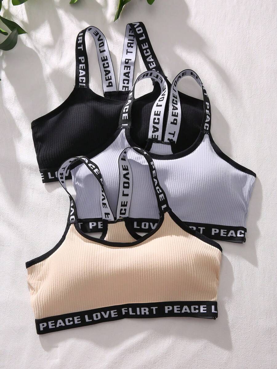 Shein Underwear&Sleepwear Basics Yoga 3pcs Letter Graphic Contrast Binding Bralette Sports