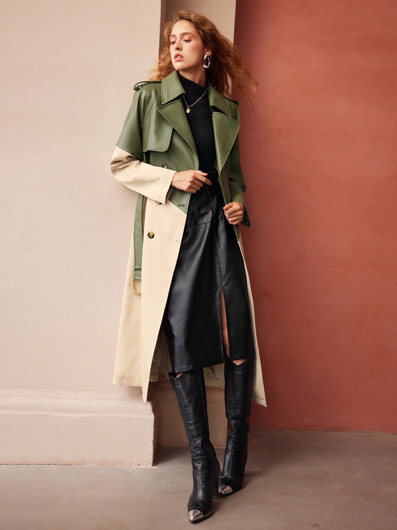 ko13  BI COLOR OVER TRENCH COAT Women's Oversized Denim Trench Coat - Jackets & Coats - New