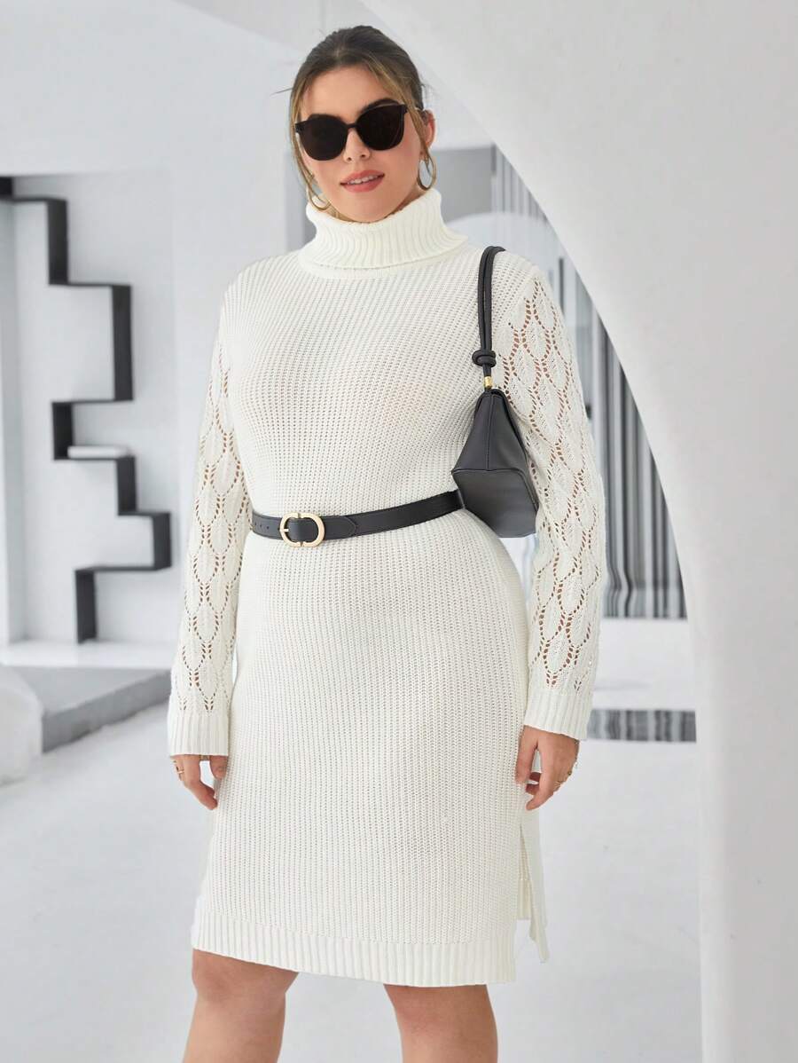SHEIN Essnce Plus Turtleneck Pointelle Knit Split Hem Sweater Dress Without Belt