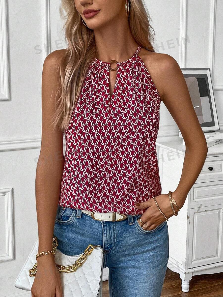 SHEIN LUNE Blusa con estampado de cuello con abertura de ojo