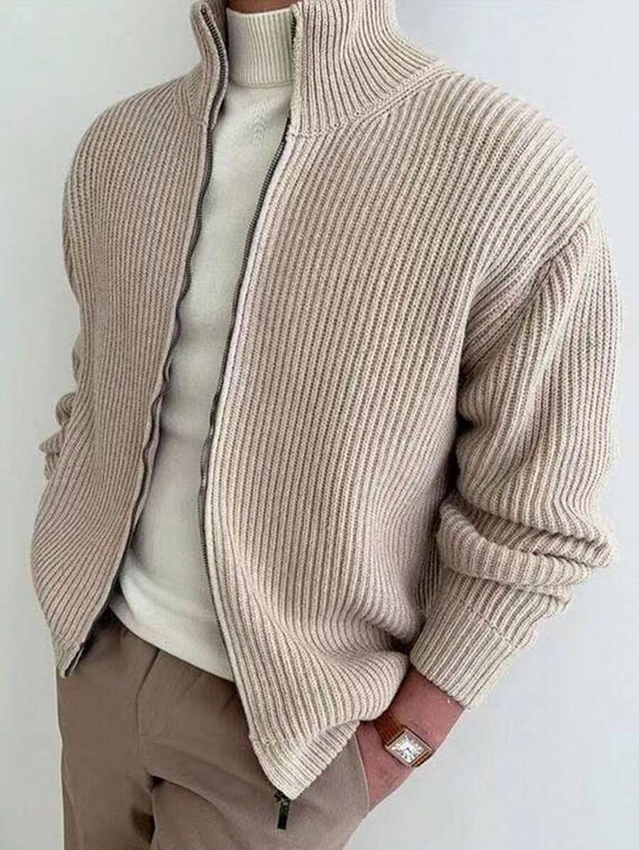 Manfinity Homme Men Solid Zip Up Drop Shoulder Cardigan Chunky Plain Khaki Urban Fashion Plain Drop Shoulder Cardigan, For Husband, Boyfriend Gifts