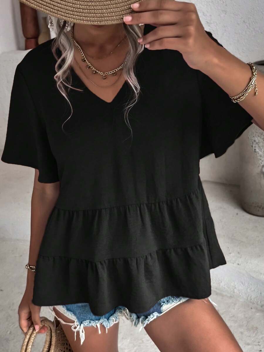 SHEIN LUNE Solid V-Neck Ruffle Hem Blouse Peplum Top