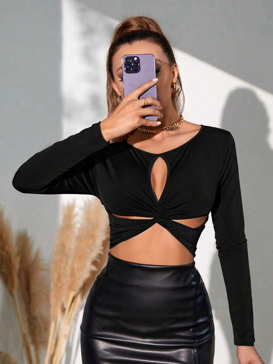 SHEIN Odetnij Wiązanie Z Przodu Crop Tee