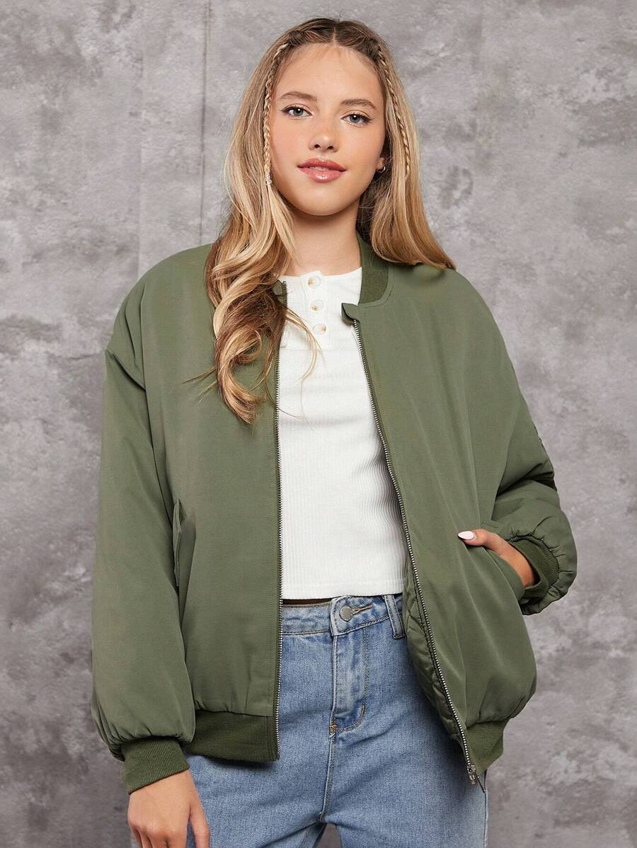 Teenager Mädchen Bomberjacke mit Reißverschluss, Drop Shoulder