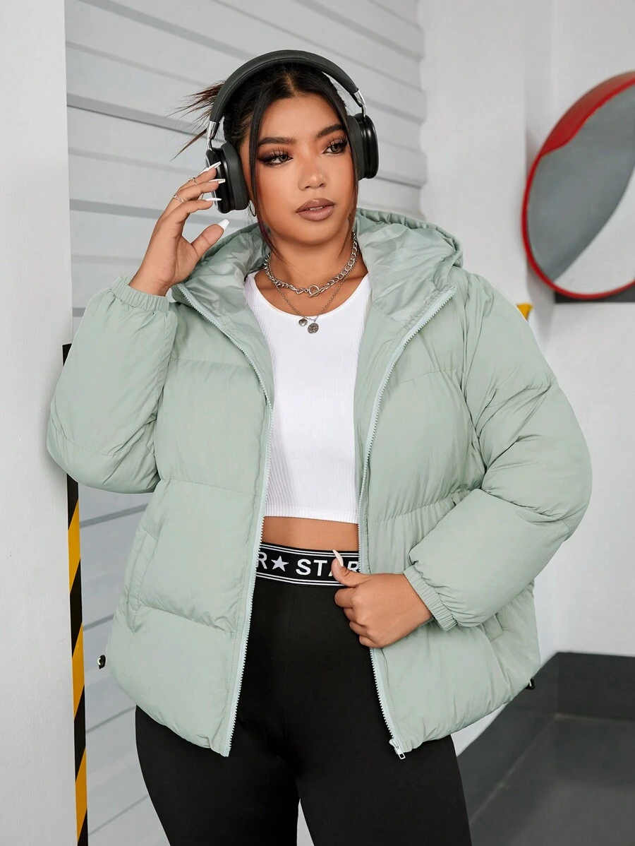 SHEIN EZwear Plus Zip Up Hooded Padded Coat, Winter
