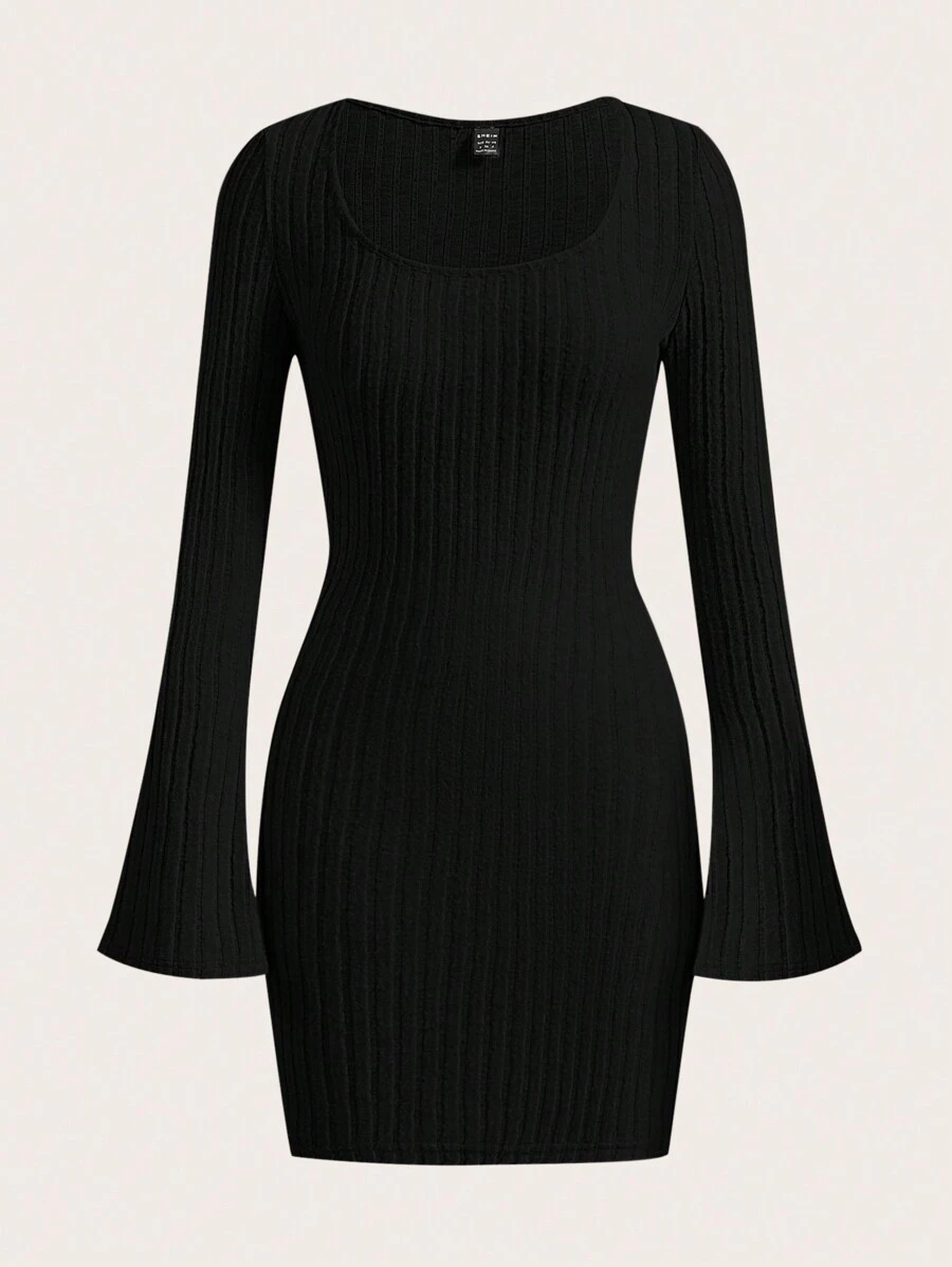 SHEIN EZwear Plus Size Women Black Round Neck Flared Sleeve Bodycon Elegant Dress