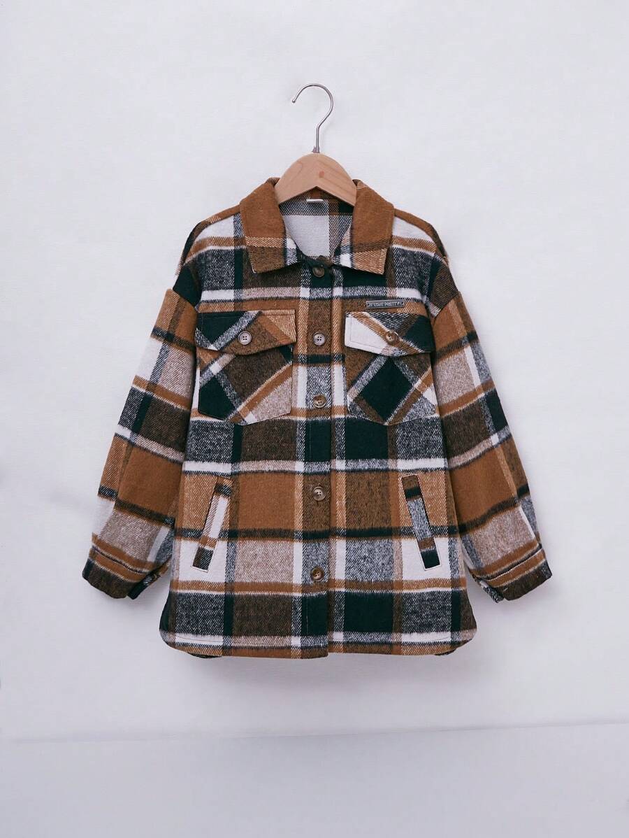 SHEIN Tween Girl Plaid Flap Pocket Drop Shoulder Overcoat