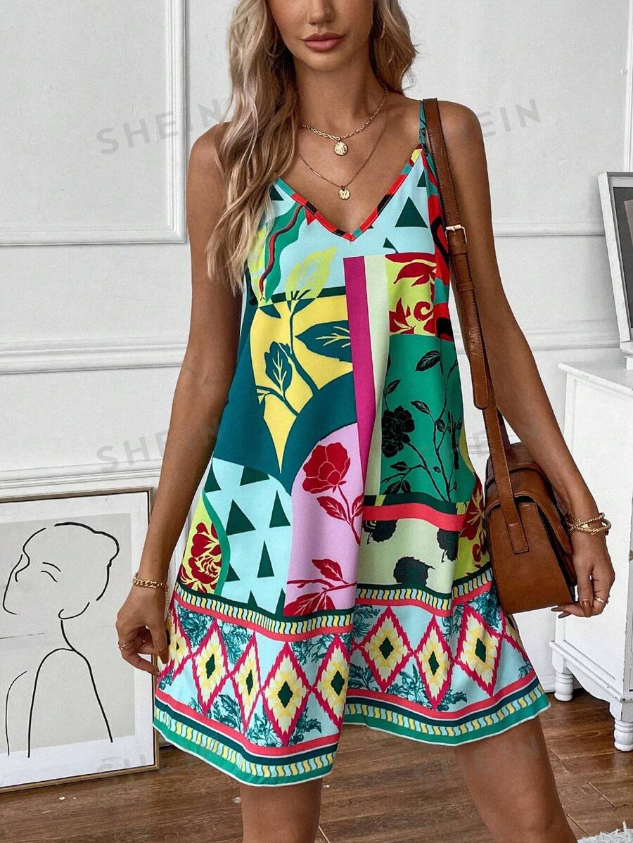 EMERY ROSE Vestido de tirantes geométrico & floral con estampado de retazo