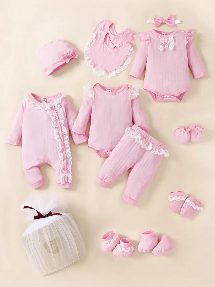 SHEIN Baby Girl 12pcs Contrast Lace Ruffle Trim Bodysuit & Hat & Shoes & Gloves