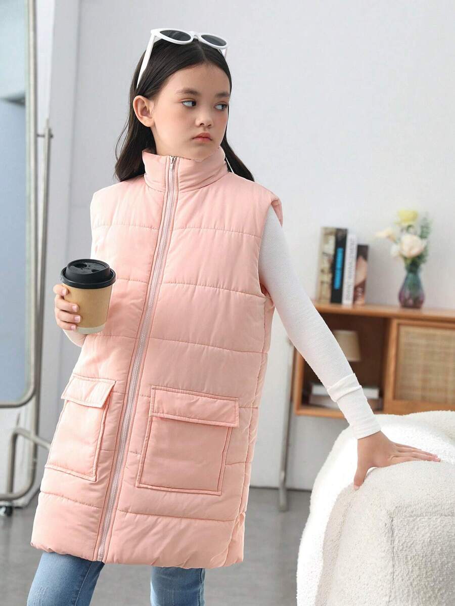SHEIN Tween Girl 1pc Flap Pocket Vest Padded Coat