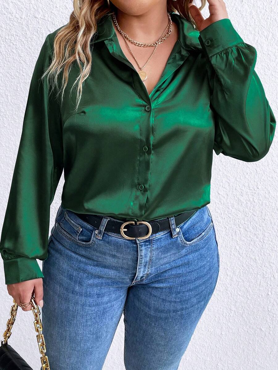 SHEIN Clasi Plus Size Vrouwen Feestkleding Satijnen Shirt Met Lange Mouwen Met Kraag En Studs, Formele Gelegenheidskleding