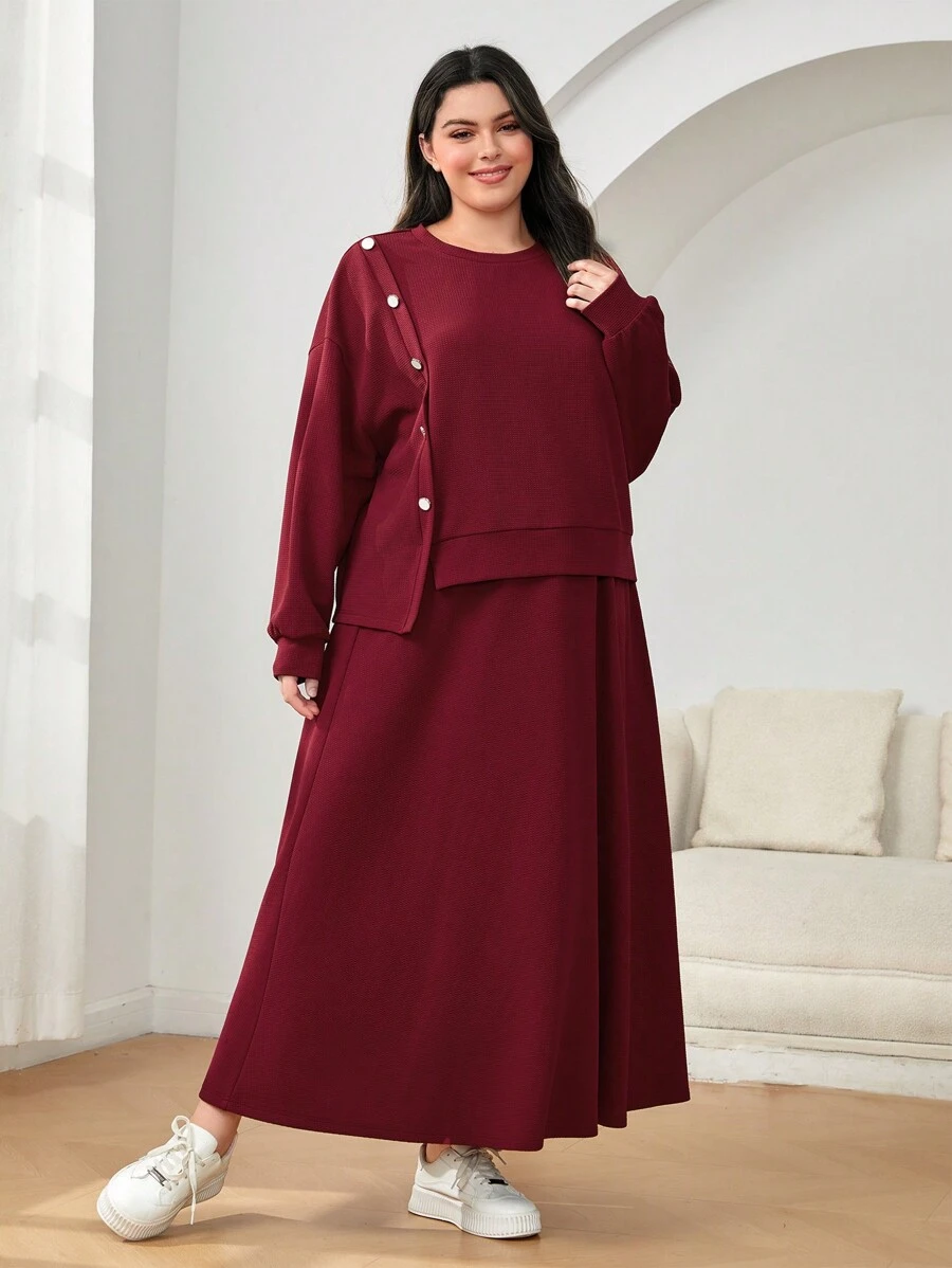 Mulvari Burgundy Red Plus Drop Shoulder Button Detail Sweatshirt & Skirt