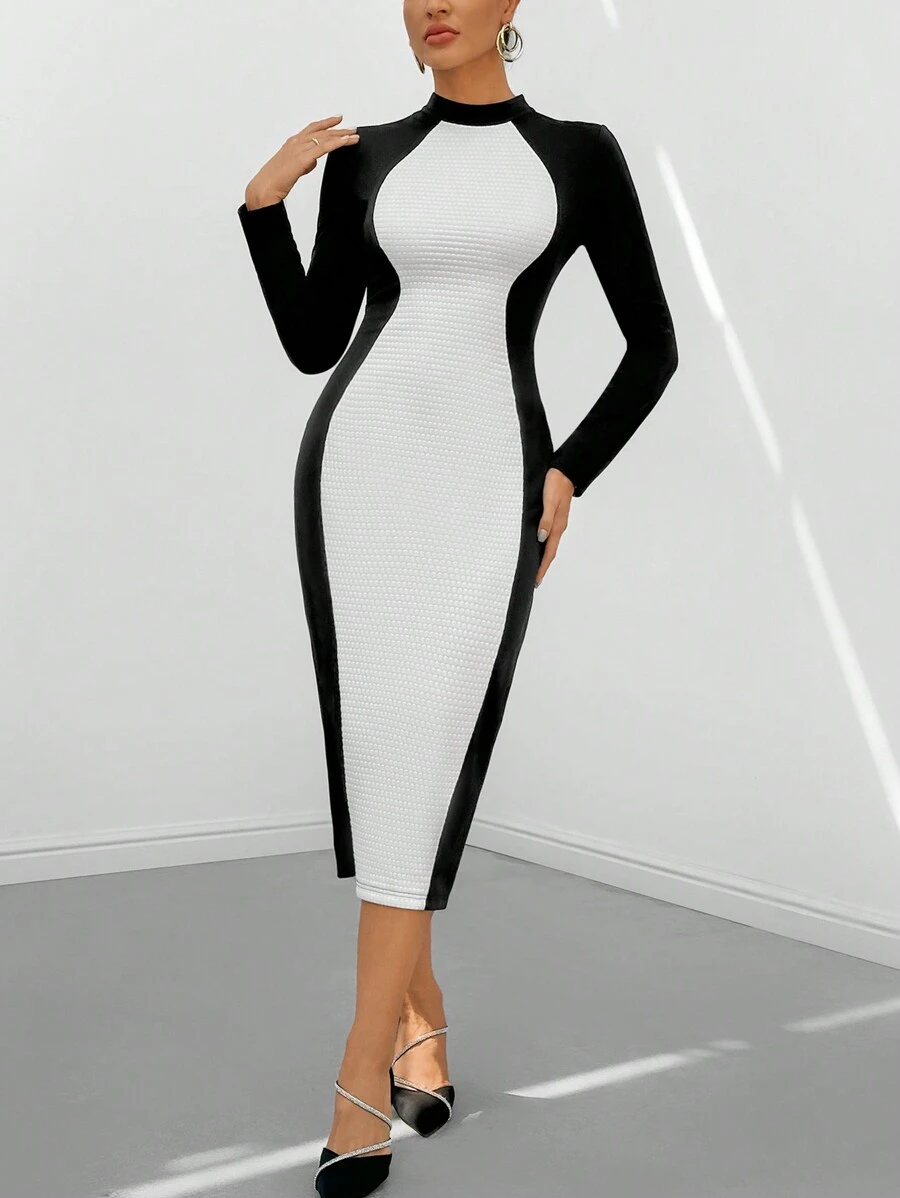 SHEIN Privé Two Tone Mock Neck Bodycon Dress