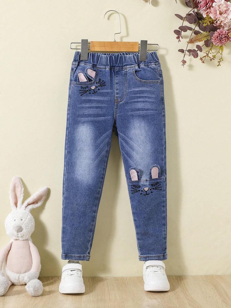 Young Girl Cartoon Embroidery 3D Ears Design Jeans
