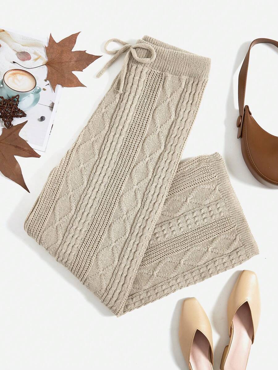 Flirla Plus Tie Waist Cable Knit Pants, For Winter