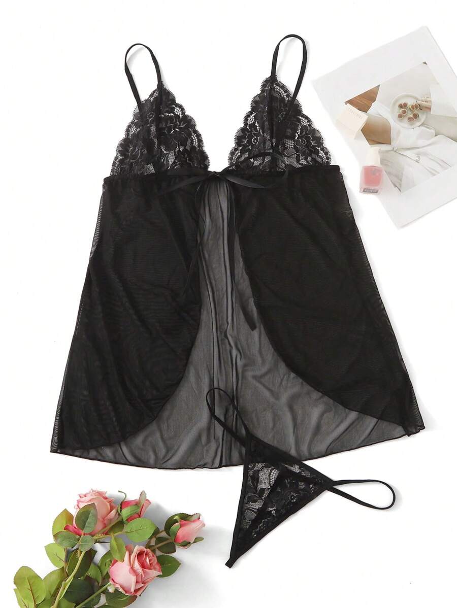 Classic Sexy Contrast Lace Mesh Tie Front Babydoll Sexy Lingerie Dress With Thong SHEIN USA