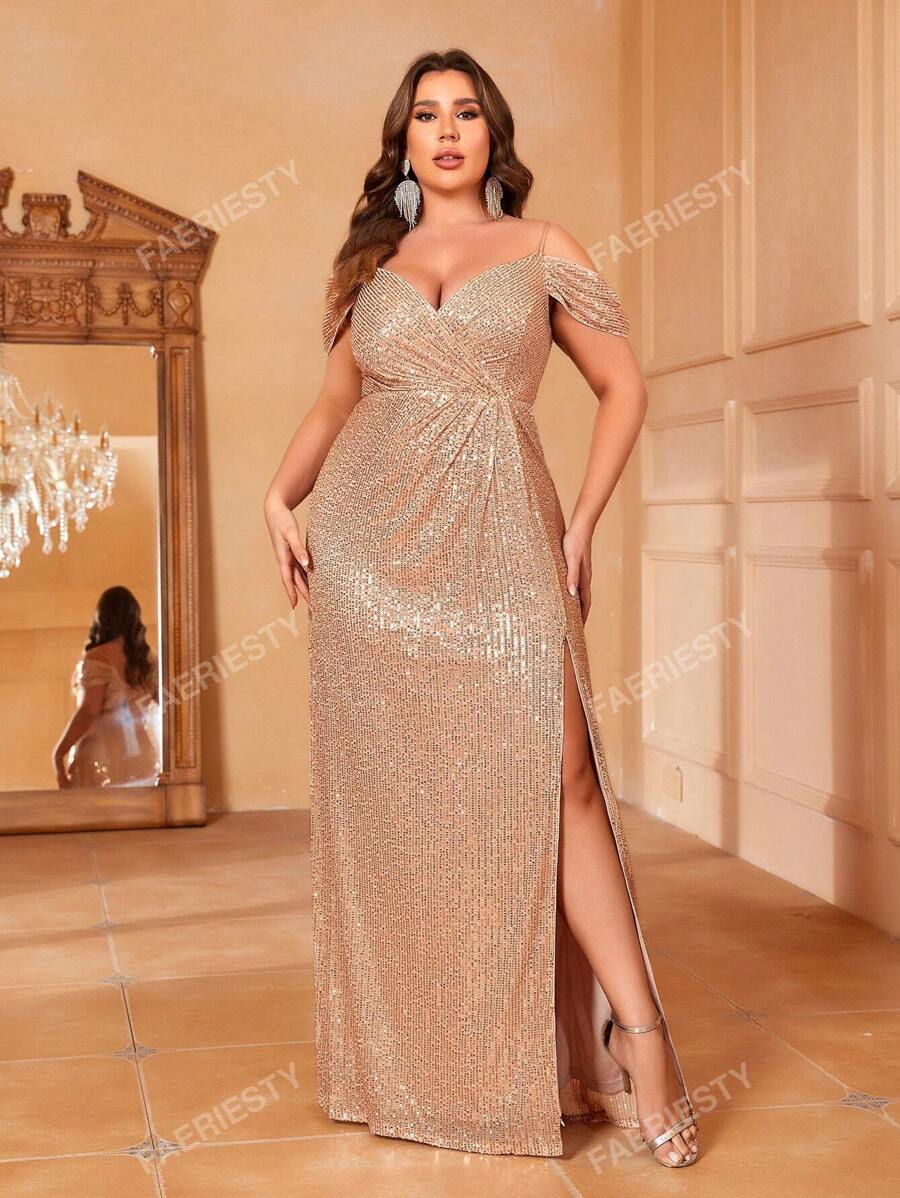 Faeriesty Plus Cold Shoulder Split Thigh Sequin Prom Dress Elegant Formal Evening Wedding Guest Gown, For Graduation, Dinner Party Dress