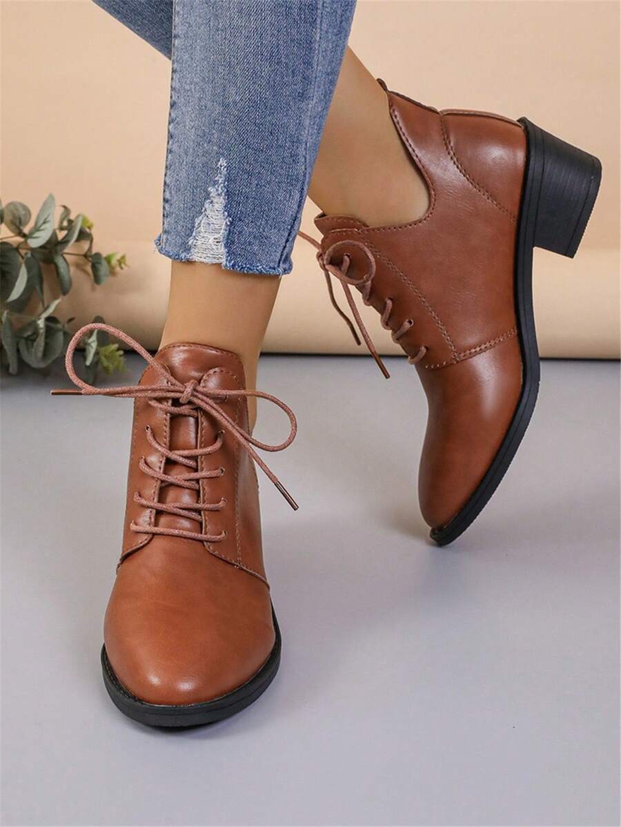 Women's Fashion Black Pointed Toe Thick High Heel Ankle Boots - Fashionable Soft Exterior, Front Lace-Up, Suitable For Autumn/Winter Season