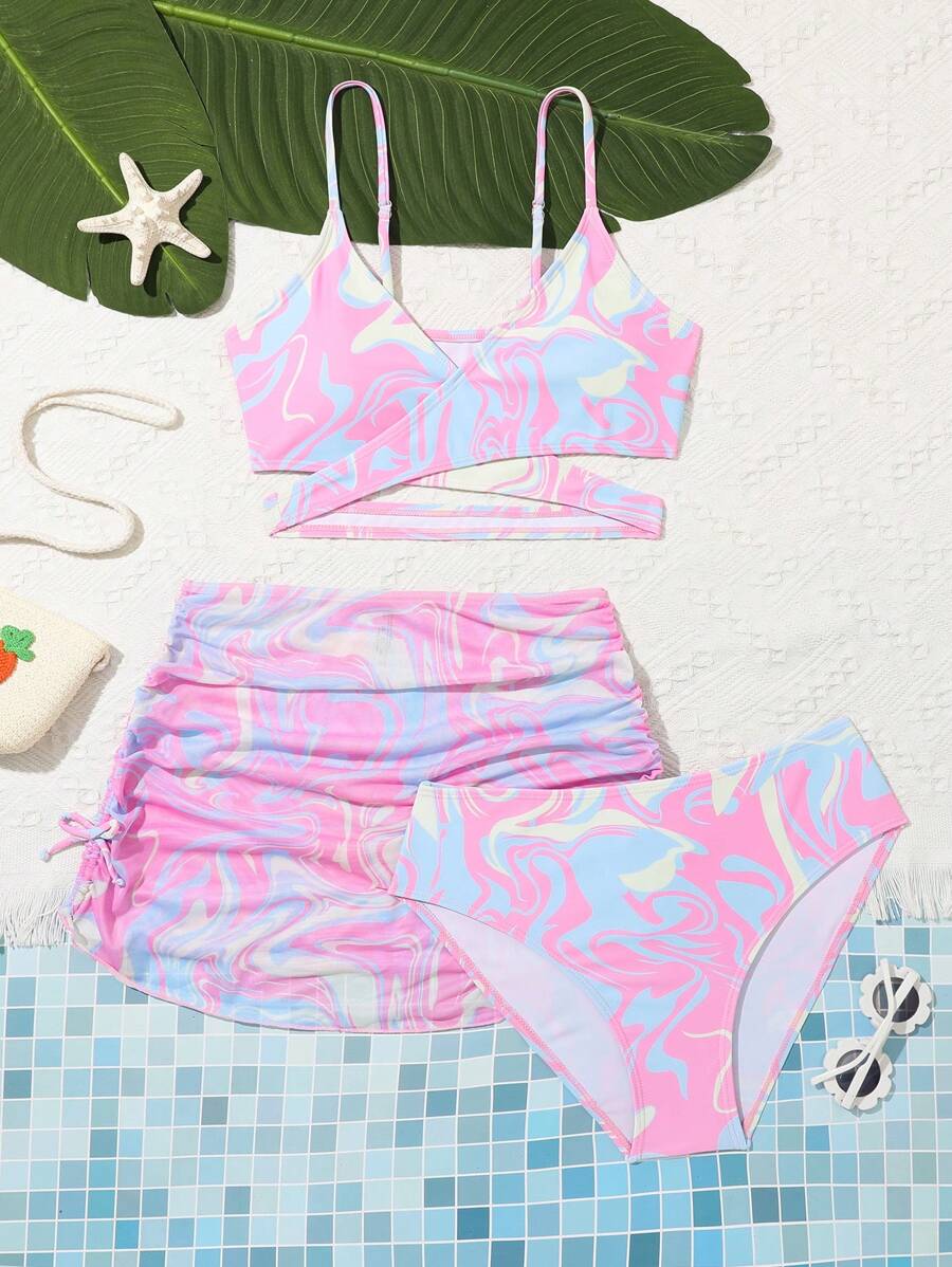 Conjunto de bikini envolvente con estampado integral y falda de playa para adolescentes, de verano