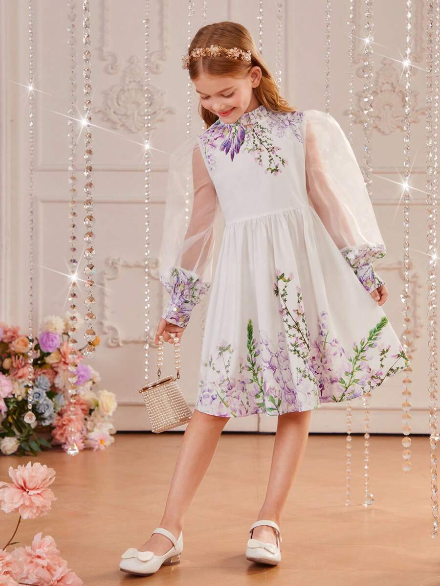 SHEIN Tween Girl Sukienka z kwiatowym nadrukiem, kontrastową siateczką i latarniowymi rękawami