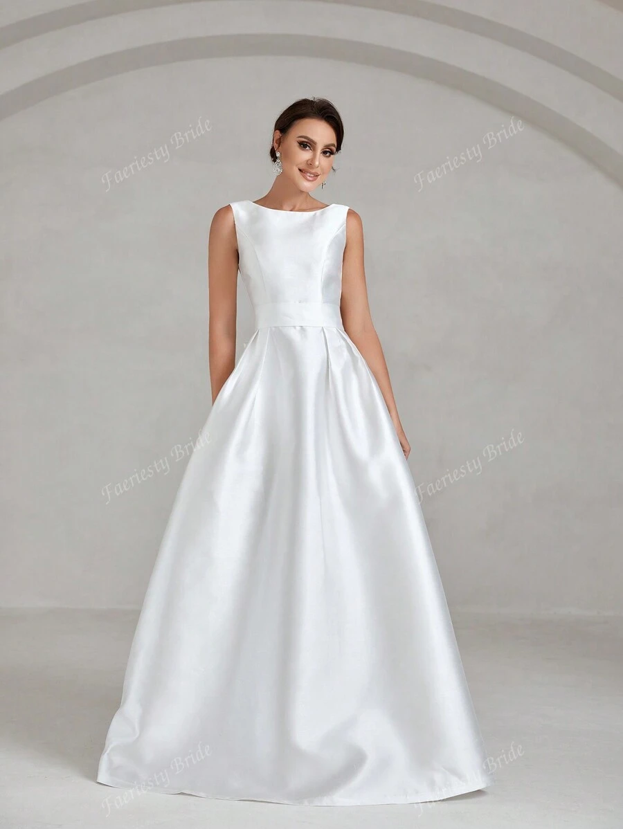 Sophisticated Wedding Dress Bridal Gown With Boat Neckline, Sleeveless Backless Design & Dramatic Waist Bow Accent – A-Line Silhouette For Weddings, Formal Ceremonies, Church Events, Black-Tie Galas, And Destination Celebrations,Bride