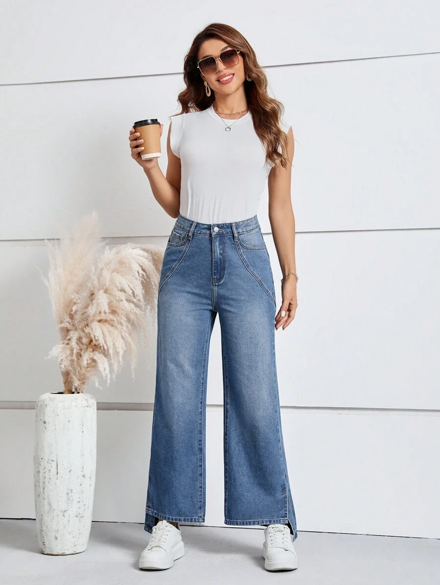 SHEIN LUNE Jeans de talle alto bajo con abertura de pierna ancha