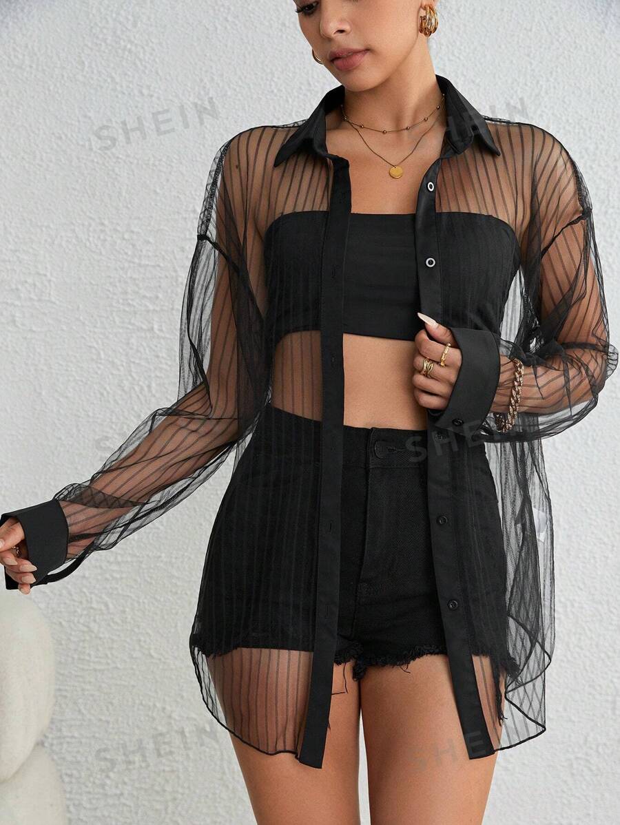 SHEIN Essnce Camisa de hombros caídos con botón delantero de malla sin top tubo