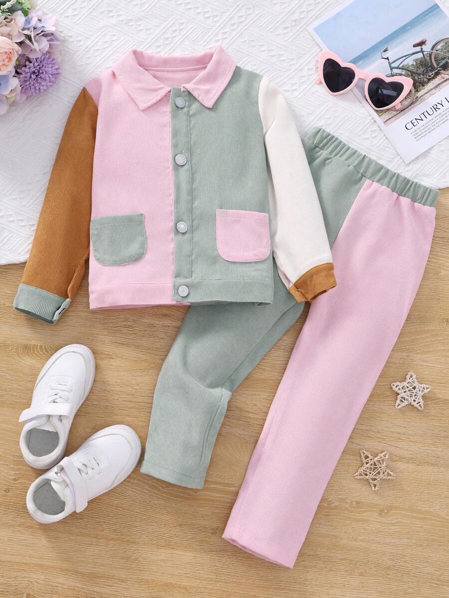 SHEIN Garota Jovem Bloco De Cores Bolso Duplo Cordão Jaqueta & Calças