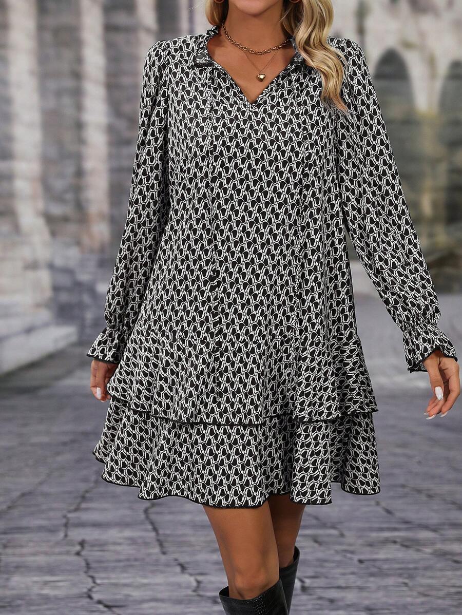 EMERY ROSE Allover Print Flare Sleeve Tie Front Ruffle Hem Smock Dress